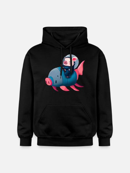 Pig Astronaut on Pig Rocket - Gildan Unisex Softstyle® Midweight Hoodie - black