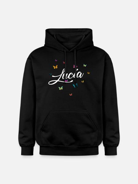 LUCIA - Pigenavn med farverige sommerfugle - Gildan Softstyle® Midweight unisex-hoodie - sort
