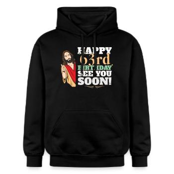Happy 63rd Birthday See You Soon Funny Jesus Meme - Gildan Unisex Softstyle® Midweight Hoodie - Schwarz - Vorne - Marisol (170cm) & Nik (191cm)