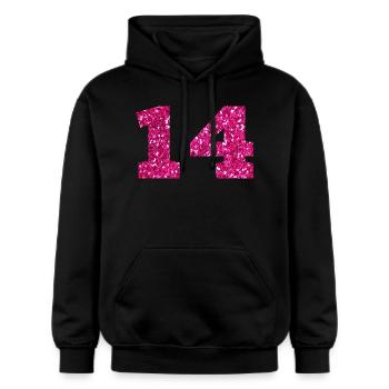 Nummer 14 Pink Glitter - 14. Geburtstag - Gildan Unisex Softstyle® Midweight Hoodie - Schwarz - Vorne - Marisol (170cm) & Nik (191cm)
