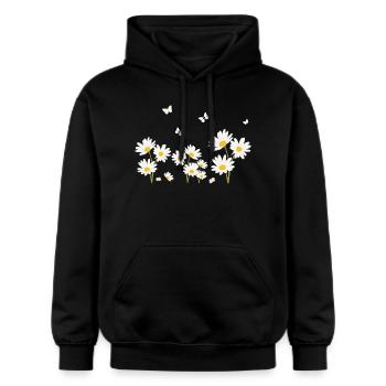 Blumen, Gänseblümchen und Schmetterlinge - Gildan Unisex Softstyle® Midweight Hoodie - Schwarz - Vorne - Marisol (170cm) & Nik (191cm)