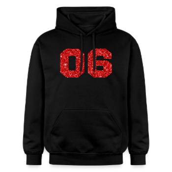 Number 6 Red Glitter - 6th Anniversary - Gildan Unisex Softstyle® Midweight Hoodie - black - Front - Marisol (170cm) & Nik (191cm)