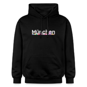 City Shirt "München" Dark - Gildan Unisex Softstyle® Midweight Hoodie - Schwarz - Vorne - Marisol (170cm) & Nik (191cm)