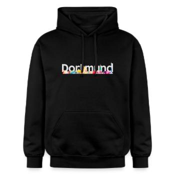City Shirt "Dortmund" Dark - Gildan Unisex Softstyle® Midweight Hoodie - Schwarz - Vorne - Marisol (170cm) & Nik (191cm)