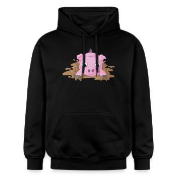 Éclaboussures, dessin animé, cochon - Sweat à capuche Softstyle® Gildan Unisexe - noir - Devant - Marisol (170cm) & Nik (191cm)
