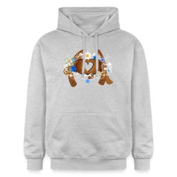 Crossbar with heart on suspenders of leather pants - Gildan Unisex Softstyle® Midweight Hoodie - light heather grey - Front - Liana (172cm) & Jaron (178cm)