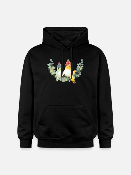Dos pájaros coloridos con sombrero de bobble para Navidad - Sudadera con capucha unisex de peso medio Softstyle® de Gildan - negro