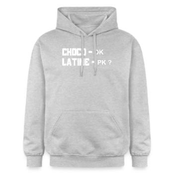 Pourquoi Chocolatine Pain au Chocolat - Sweat à capuche Softstyle® Gildan Unisexe - gris clair chiné - Devant - Liana (172cm) & Jaron (178cm)
