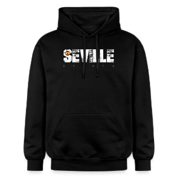 Sevilla Distressed Typografie mit Flagge - Gildan Unisex Softstyle® Midweight Hoodie - Schwarz - Vorne - Marisol (170cm) & Nik (191cm)