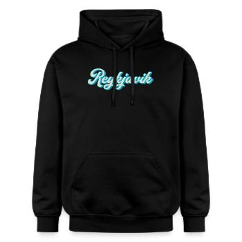 Reykjavik Neon Script - Gildan Unisex Softstyle® Midweight Hoodie - black - Front - Marisol (170cm) & Nik (191cm)