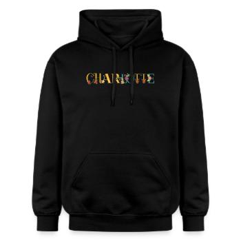 CHARLOTTE Namenskunst mit gestickten Blumen - Gildan Unisex Softstyle® Midweight Hoodie - Schwarz - Vorne - Marisol (170cm) & Nik (191cm)