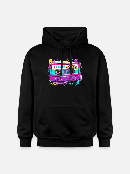 I Love 90s Cassette Graphic - Gildan Unisex Softstyle® Midweight Hoodie - black