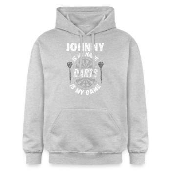 Personalisiertes Dartspieler-Design Johnny - Gildan Unisex Softstyle® Midweight Hoodie - Hellgrau meliert - Vorne - Liana (172cm) & Jaron (178cm)