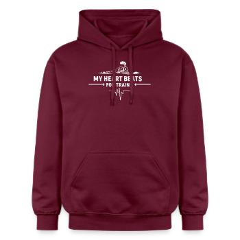 My heart beats for trains - Trainspotter - Gildan Unisex Softstyle® Midweight Hoodie - maroon - Front - Liana (172cm) & Jaron (178cm)