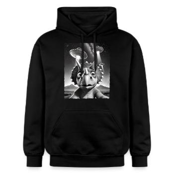 Funny Triceratops dinosaure UFO encounter selfie - Gildan Unisex Softstyle® Midweight Hoodie - black - Front - Marisol (170cm) & Nik (191cm)