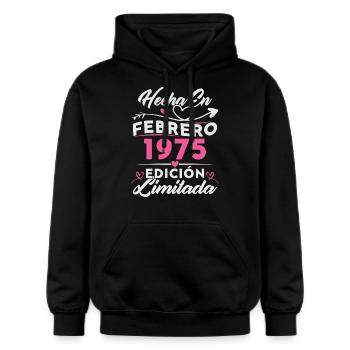 50th Birthday Woman 50 Years Made In 1975 February - Gildan Unisex Softstyle® Midweight Hoodie - black - Front - Marisol (170cm) & Nik (191cm)