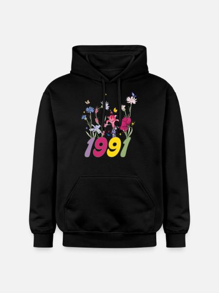 Year of birth 1991 wildflowers - Gildan Unisex Softstyle® Midweight Hoodie - black