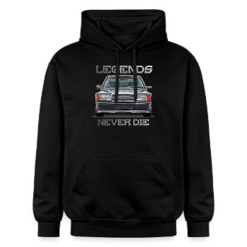 W201 190E legends never die - Gildan Unisex Softstyle® Midweight Hoodie - Schwarz - Vorne - Marisol (170cm) & Nik (191cm)