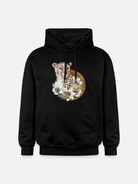 Leopard with gold and flowers - Gildan Unisex Softstyle® Midweight Hoodie - black