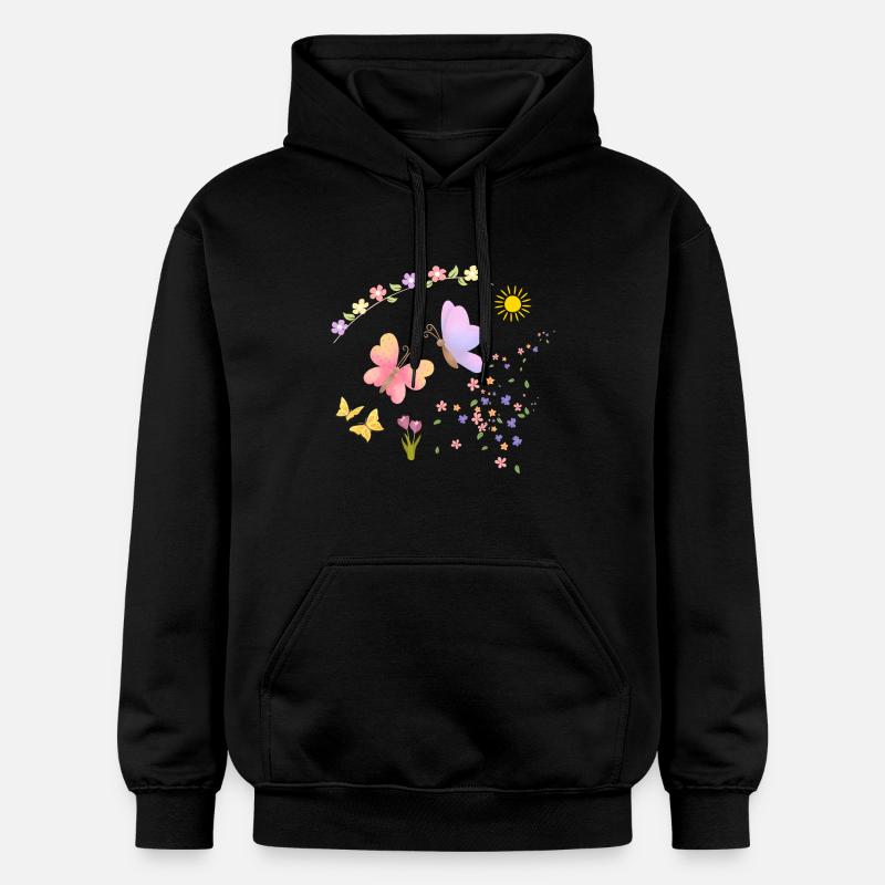 Fleurs, Soleil, Papillons - Sweat à capuche Softstyle® Gildan Unisexe - noir