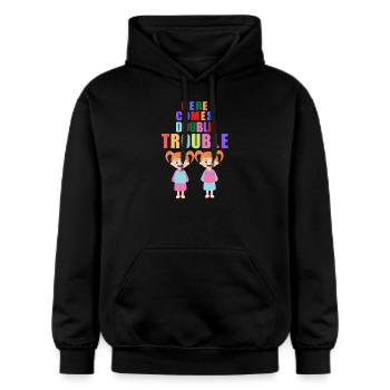 Here comes double Trouble Twins Girls - Gildan Unisex Softstyle® Midweight Hoodie - black - Front - Marisol (170cm) & Nik (191cm)