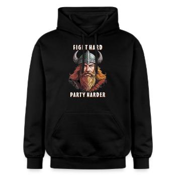 WIKINGER FIGHT HARD PARTY HARDER - Gildan Unisex Softstyle® Midweight Hoodie - Schwarz - Vorne - Marisol (170cm) & Nik (191cm)