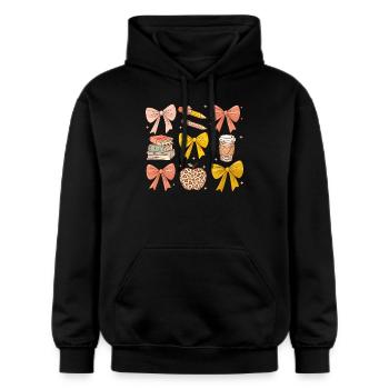 Leopard Apple and Bows – Stylish Debt - Gildan Unisex Softstyle® Midweight Hoodie - black - Front - Marisol (170cm) & Nik (191cm)