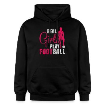 Real girls play football women's soccer - Gildan Unisex Softstyle® Midweight Hoodie - black - Front - Marisol (170cm) & Nik (191cm)