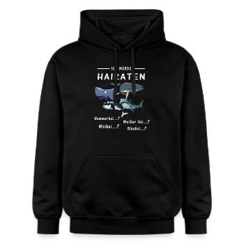 Heiraten oder Hairaten JGA Junggesellenabschied - Gildan Unisex Softstyle® Midweight Hoodie - Schwarz - Vorne - Marisol (170cm) & Nik (191cm)
