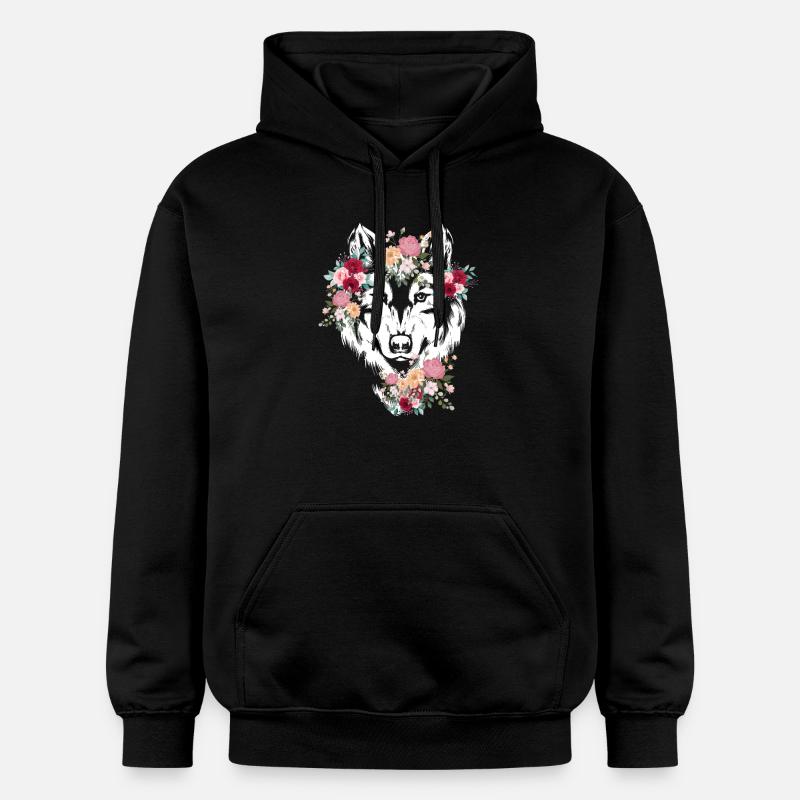 Wolf Wolfskopf Blumen Deko - Gildan Unisex Softstyle® Midweight Hoodie - Schwarz
