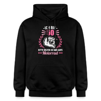 Ich bin 50 bitte helfen auf Motorrad 50 Geburtstag - Gildan Unisex Softstyle® Midweight Hoodie - Schwarz - Vorne - Marisol (170cm) & Nik (191cm)