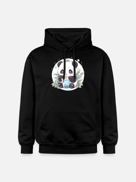 Kawaii Panda Drinks Boba Bubble Tea Chibi - Gildan Unisex Softstyle® Midweight Hoodie - black