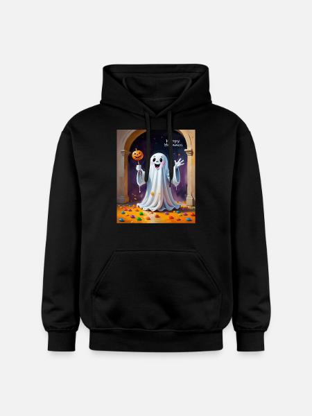 Cheerful Ghost with Pumpkin - Gildan Unisex Softstyle® Midweight Hoodie - black