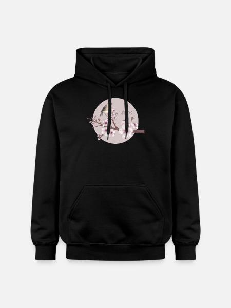 Serene Sakura Bird with Japanese - Gildan Unisex Softstyle® Midweight Hoodie - black