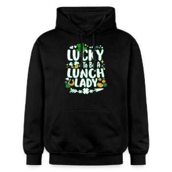 St. Patrick's Day Shirt, Lucky To Be A Lunch Lady - Gildan Unisex Softstyle® Midweight Hoodie - black - Front - Marisol (170cm) & Nik (191cm)