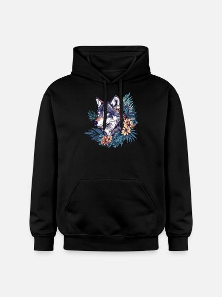 Wild wolf with flowers - Gildan Unisex Softstyle® Midweight Hoodie - black
