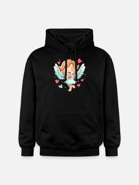 Happy Angel with Hearts - Gildan Unisex Softstyle® Midweight Hoodie - black