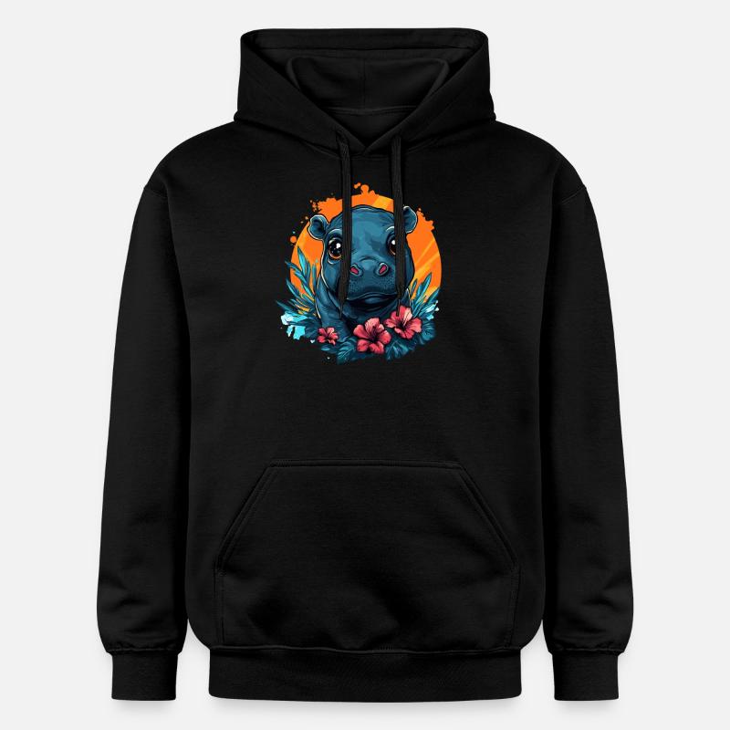 Bébé hippopotame à l’hibiscus - Sweat à capuche Softstyle® Gildan Unisexe - noir