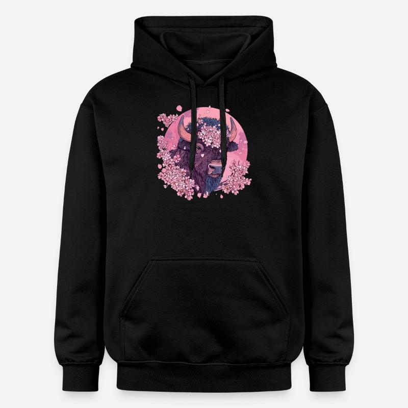 Bison mit Kirschblütenkranz - Gildan Unisex Softstyle® Midweight Hoodie - Schwarz