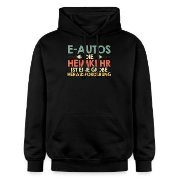 Verbrenner E-AUTOS HEIMKEHR IST HERAUSFORDERUNG - Gildan Unisex Softstyle® Midweight Hoodie - Schwarz - Vorne - Marisol (170cm) & Nik (191cm)