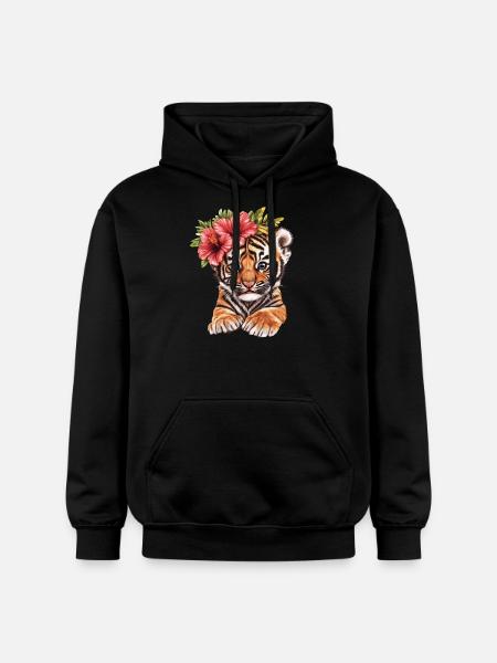 Tiger baby with hibiscus - Gildan Unisex Softstyle® Midweight Hoodie - black