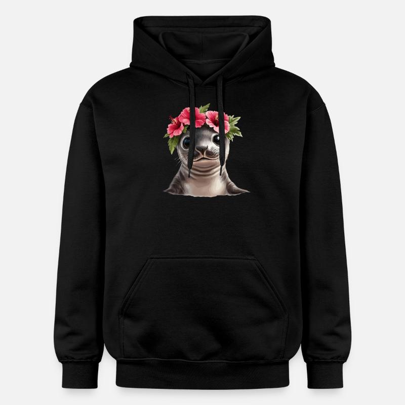 Bébé phoque à l’hibiscus - Sweat à capuche Softstyle® Gildan Unisexe - noir