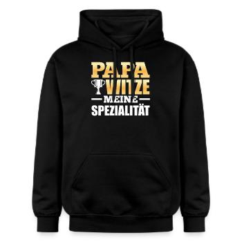 Zukünftiger Vater PAPA WITZE MEINE SPEZIALITÄT - Gildan Unisex Softstyle® Midweight Hoodie - Schwarz - Vorne - Marisol (170cm) & Nik (191cm)