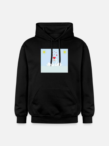 Two white love swans in the water and red hearts - Gildan Unisex Softstyle® Midweight Hoodie - black