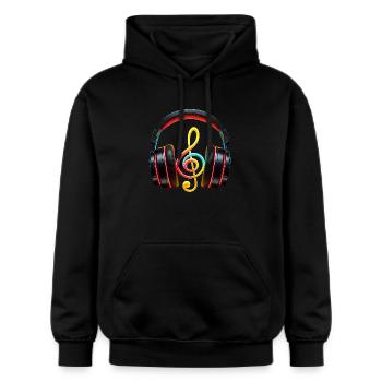 Schlanker Kopfhörer mit Musiknote - Gildan Unisex Softstyle® Midweight Hoodie - Schwarz - Vorne - Marisol (170cm) & Nik (191cm)