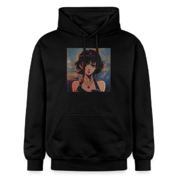 80s anime girl calming high quality fashion print - Gildan Unisex Softstyle® Midweight Hoodie - black - Front - Marisol (170cm) & Nik (191cm)