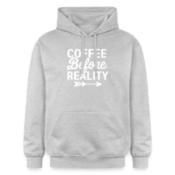 Le café avant la réalité - Sweat à capuche Softstyle® Gildan Unisexe - gris clair chiné - Devant - Liana (172cm) & Jaron (178cm)