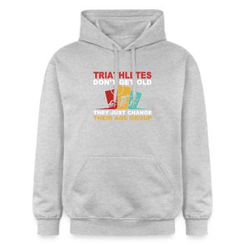 Lustiges Triathlon Design Triathleten Schwimmen Rad Laufen - Gildan Unisex Softstyle® Midweight Hoodie - Hellgrau meliert - Vorne - Liana (172cm) & Jaron (178cm)