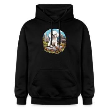 Chien Bichon Friesé - Sweat à capuche Softstyle® Gildan Unisexe - noir - Devant - Marisol (170cm) & Nik (191cm)