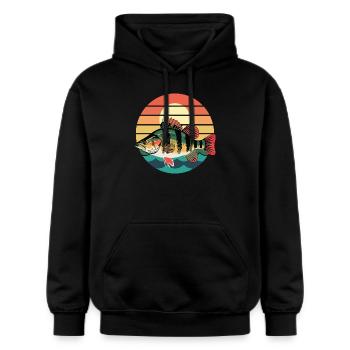 Rétro perche coucher de soleil motif pêcheur - Sweat à capuche Softstyle® Gildan Unisexe - noir - Devant - Marisol (170cm) & Nik (191cm)